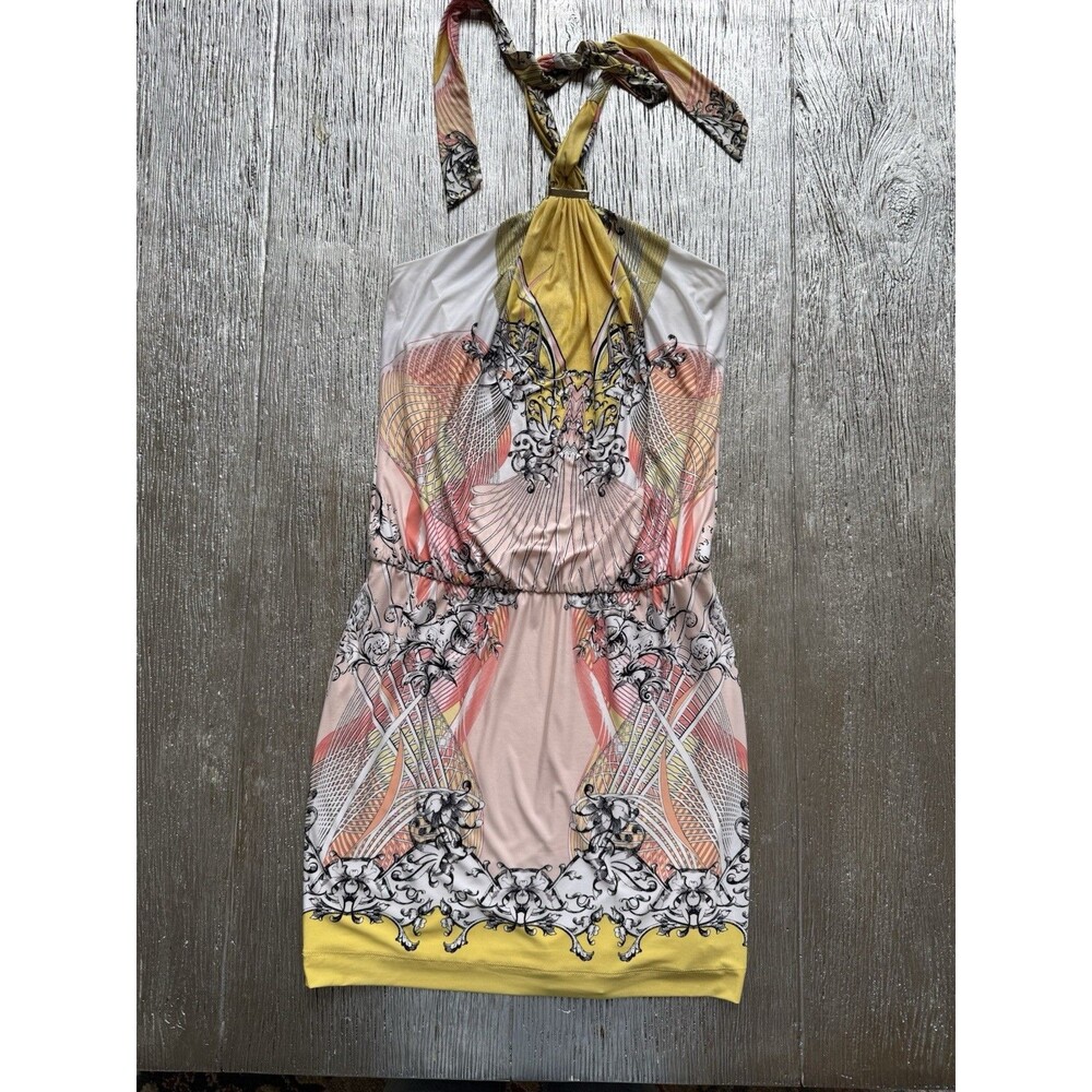 Cache Y2K Halter Dress M Baroque Abstract Print Yellow Pink Bodycon Midi